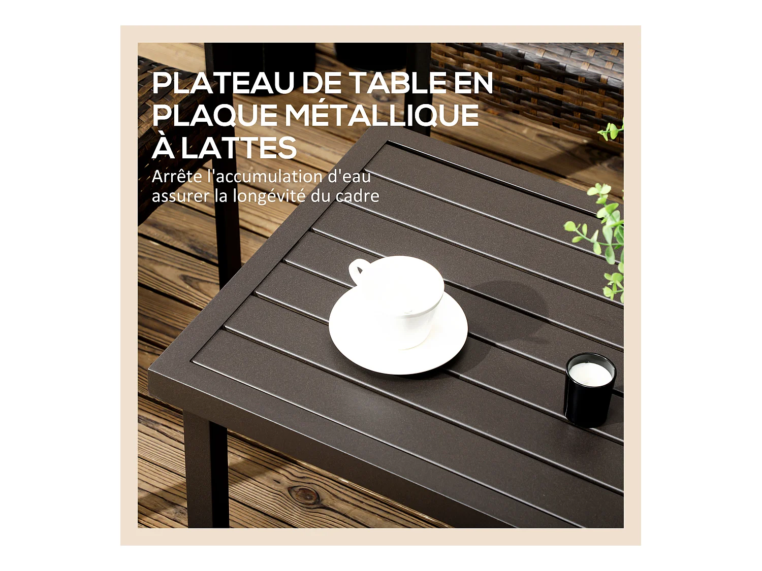 Table basse rectangulaire de jardin plateau à lattes pieds réglables dim. 91L x 51l x 46H cm acier marron