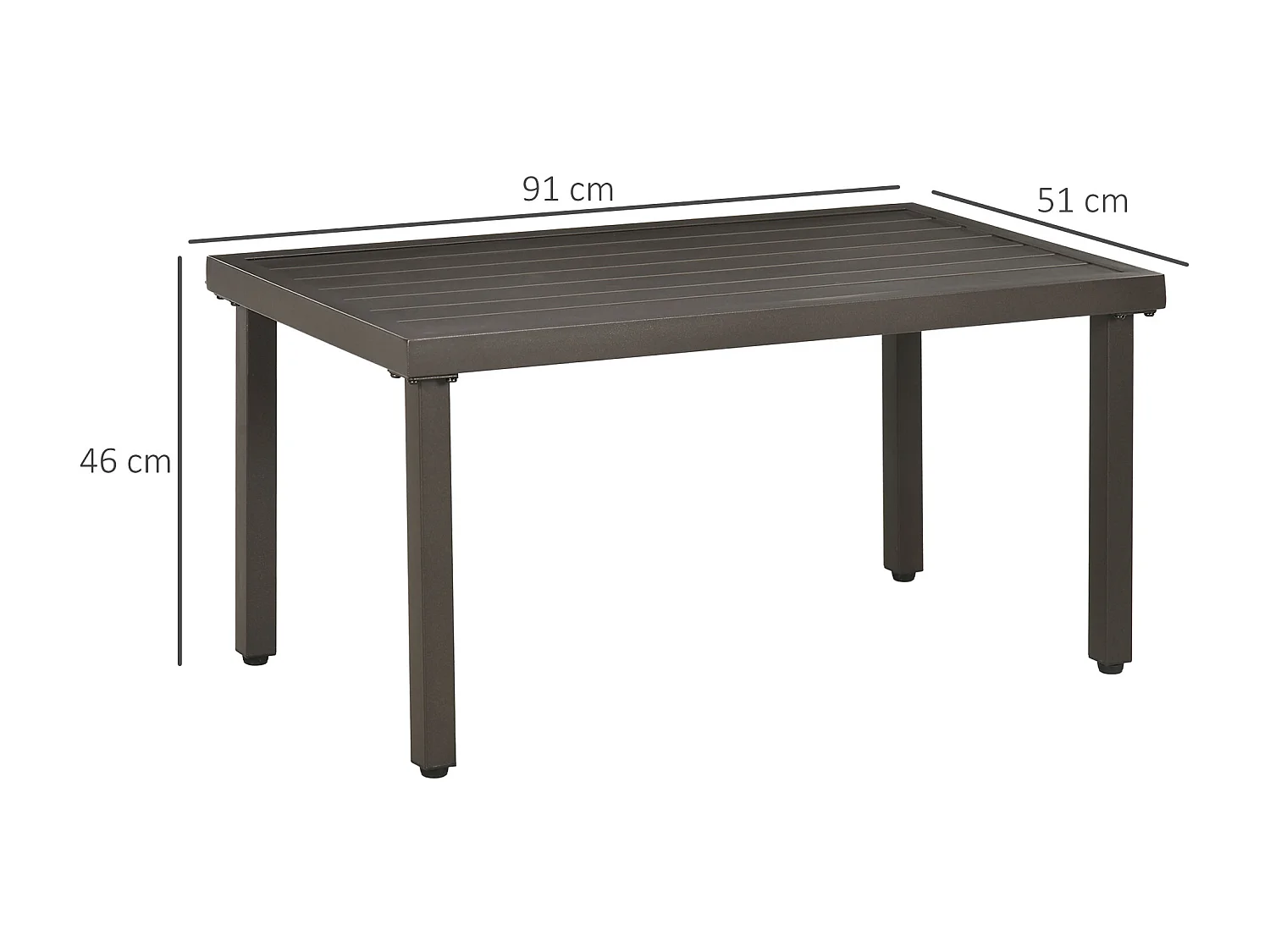 Table basse rectangulaire de jardin plateau à lattes pieds réglables dim. 91L x 51l x 46H cm acier marron