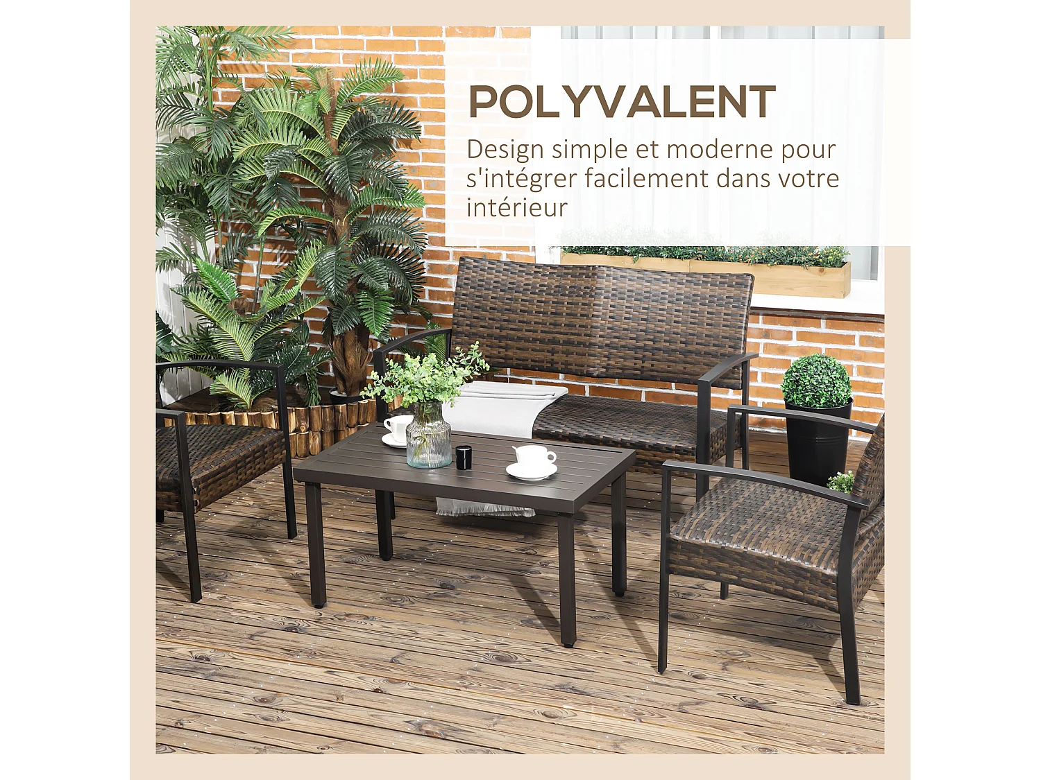 Table basse rectangulaire de jardin plateau à lattes pieds réglables dim. 91L x 51l x 46H cm acier marron