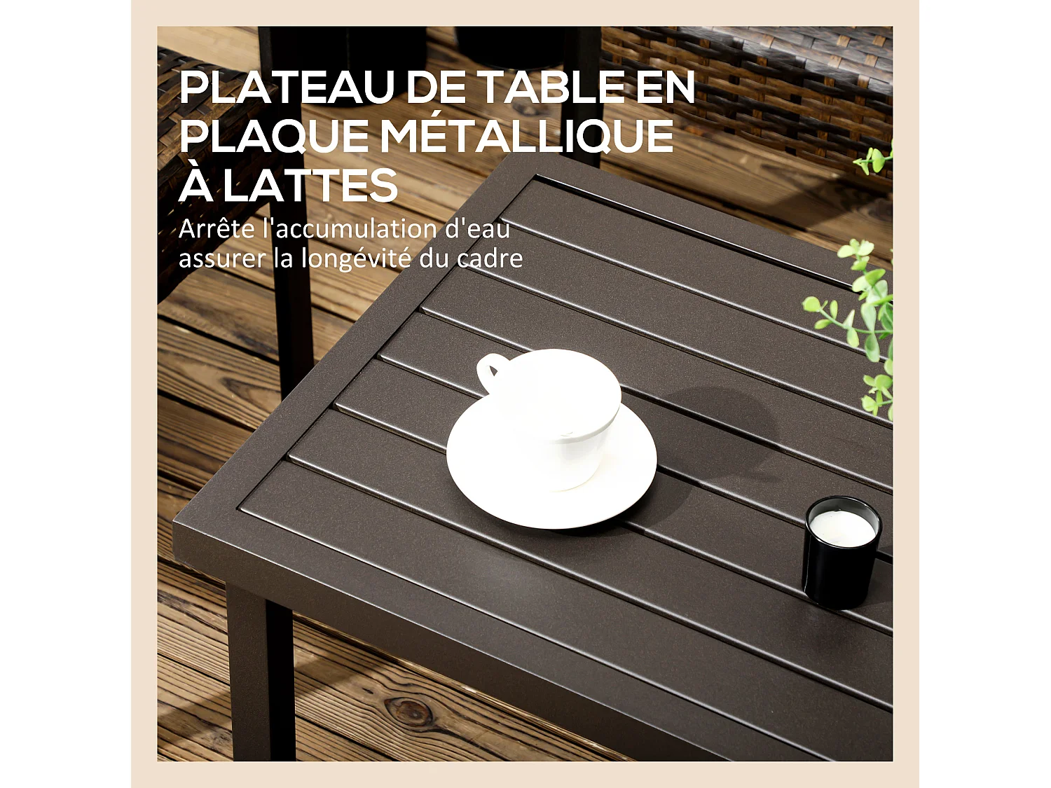 Table basse rectangulaire de jardin plateau à lattes pieds réglables dim. 91L x 51l x 46H cm acier marron