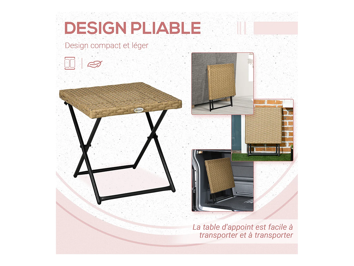 Table basse pliable de jardin style cosy chic dim. 40L x 40l x 40H cm métal époxy résine tressée imitation rotin beige