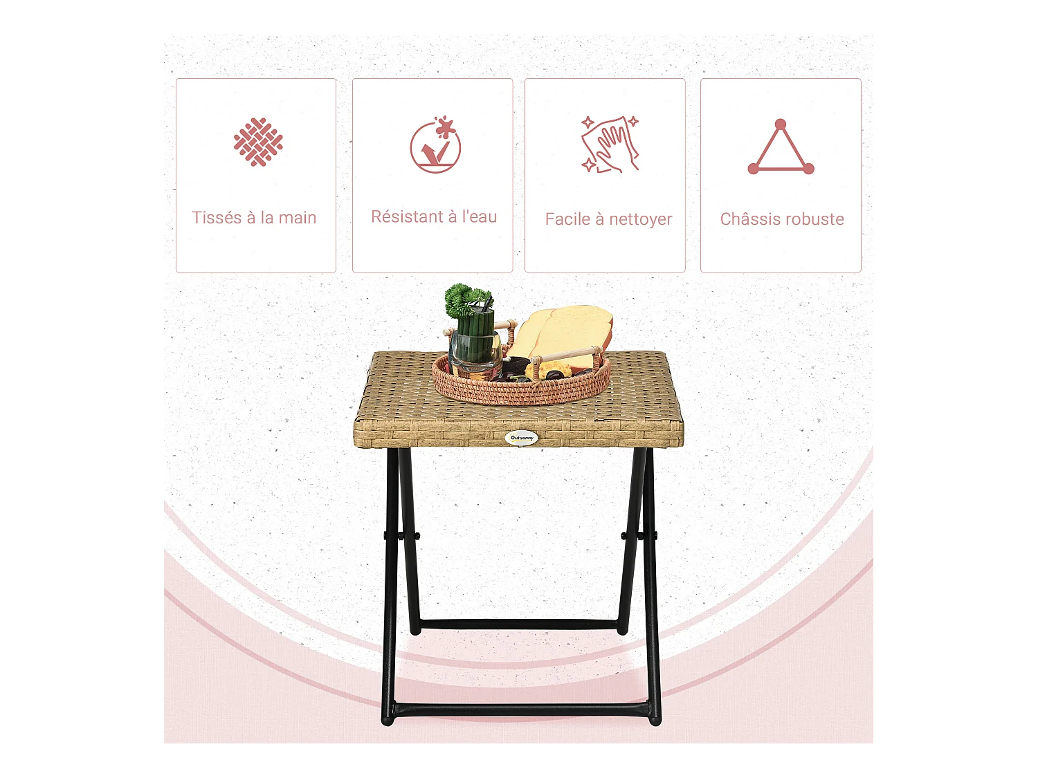 Table basse pliable de jardin style cosy chic dim. 40L x 40l x 40H cm métal époxy résine tressée imitation rotin beige