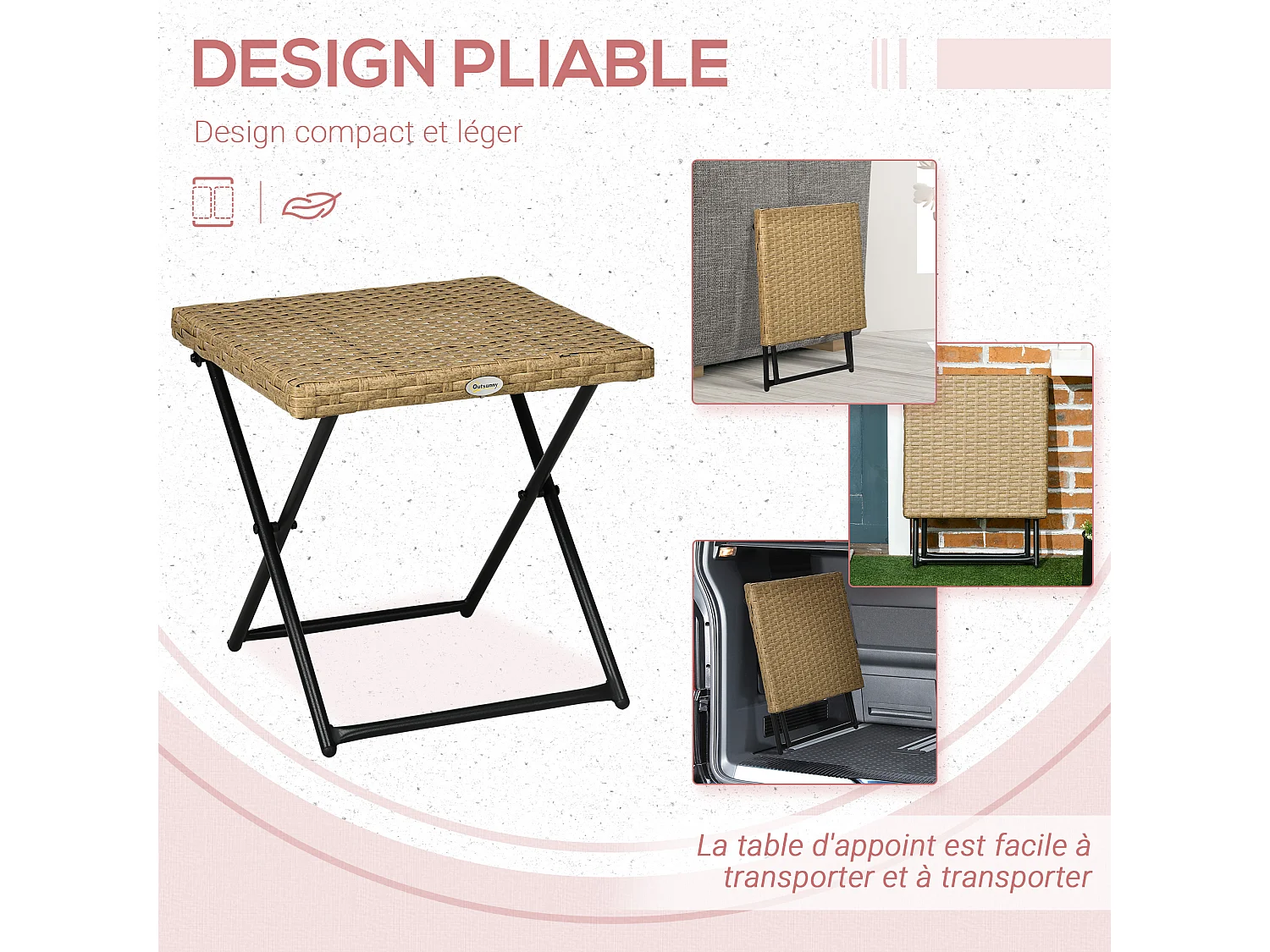 Table basse pliable de jardin style cosy chic dim. 40L x 40l x 40H cm métal époxy résine tressée imitation rotin beige