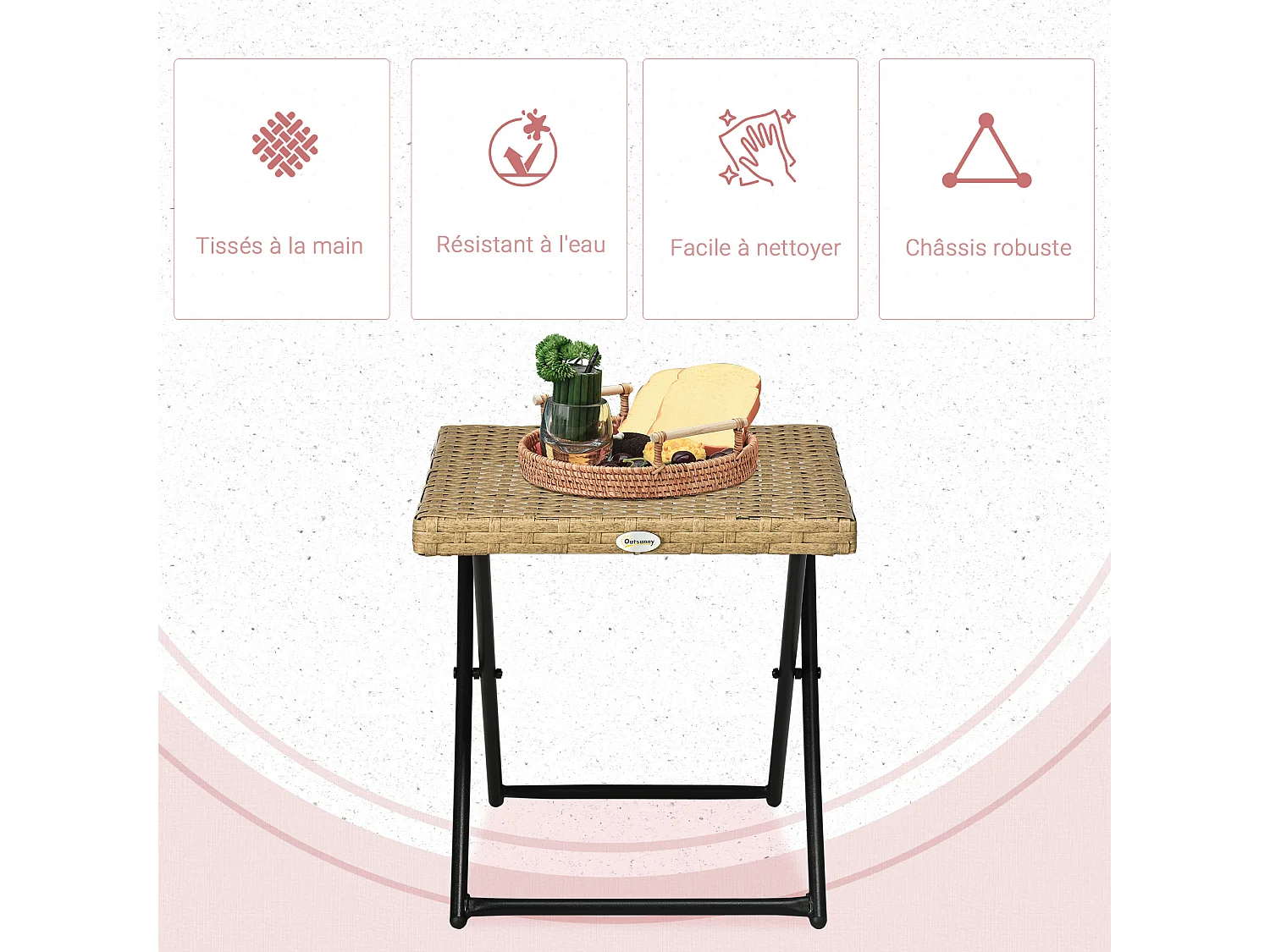 Table basse pliable de jardin style cosy chic dim. 40L x 40l x 40H cm métal époxy résine tressée imitation rotin beige