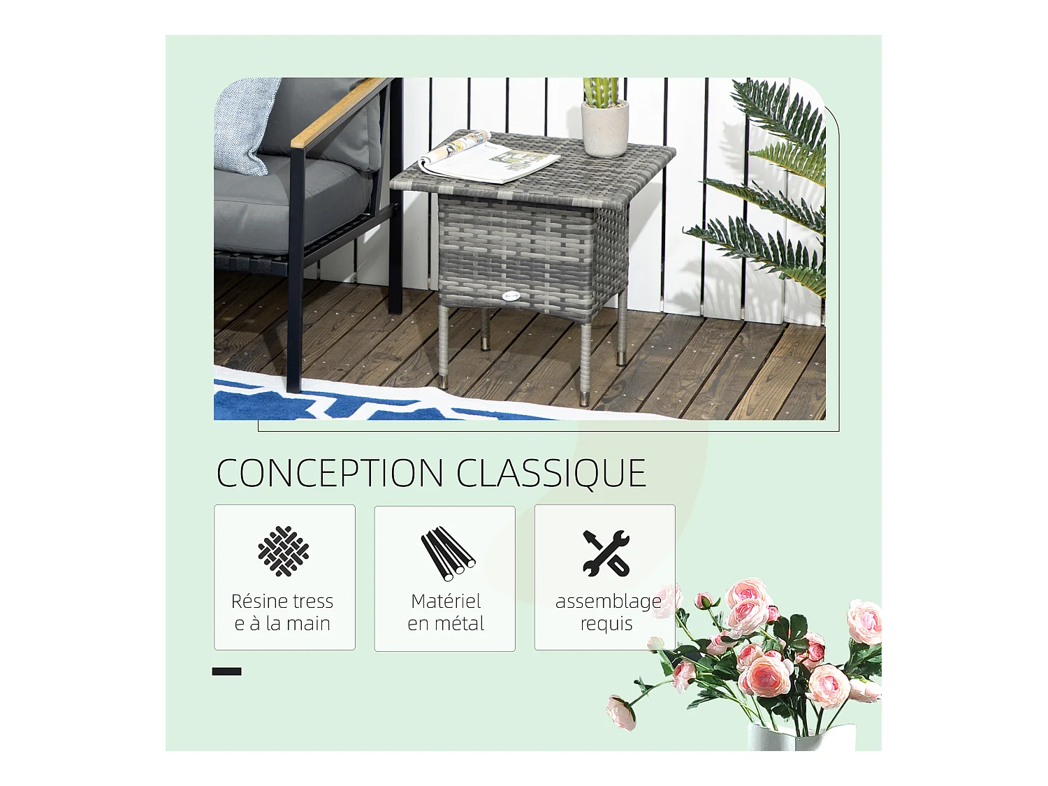 Table basse de jardin style cosy chic dim. 50L x 50l x 47H cm métal époxy résine tressée aspect rotin gris