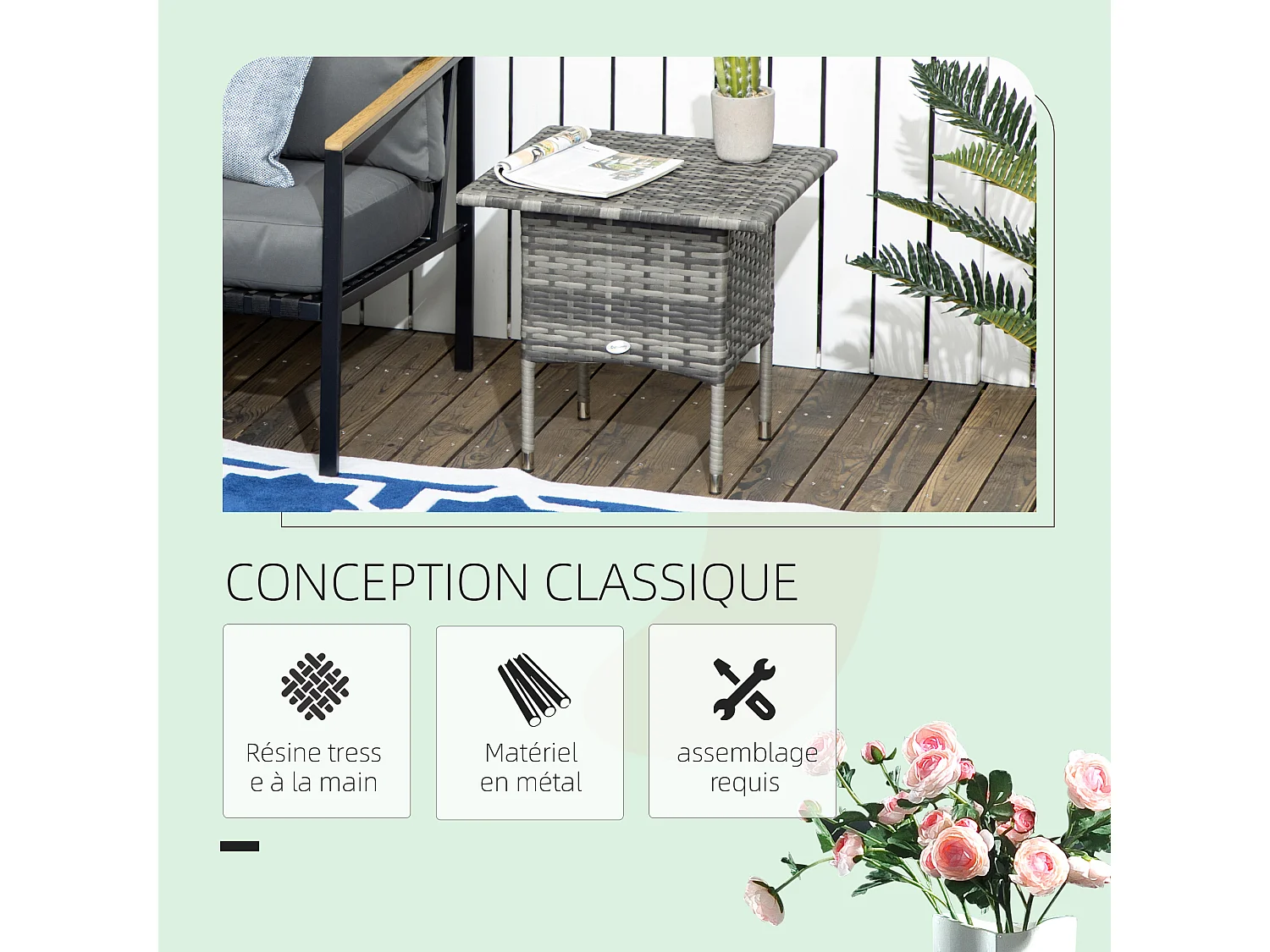 Table basse de jardin style cosy chic dim. 50L x 50l x 47H cm métal époxy résine tressée aspect rotin gris