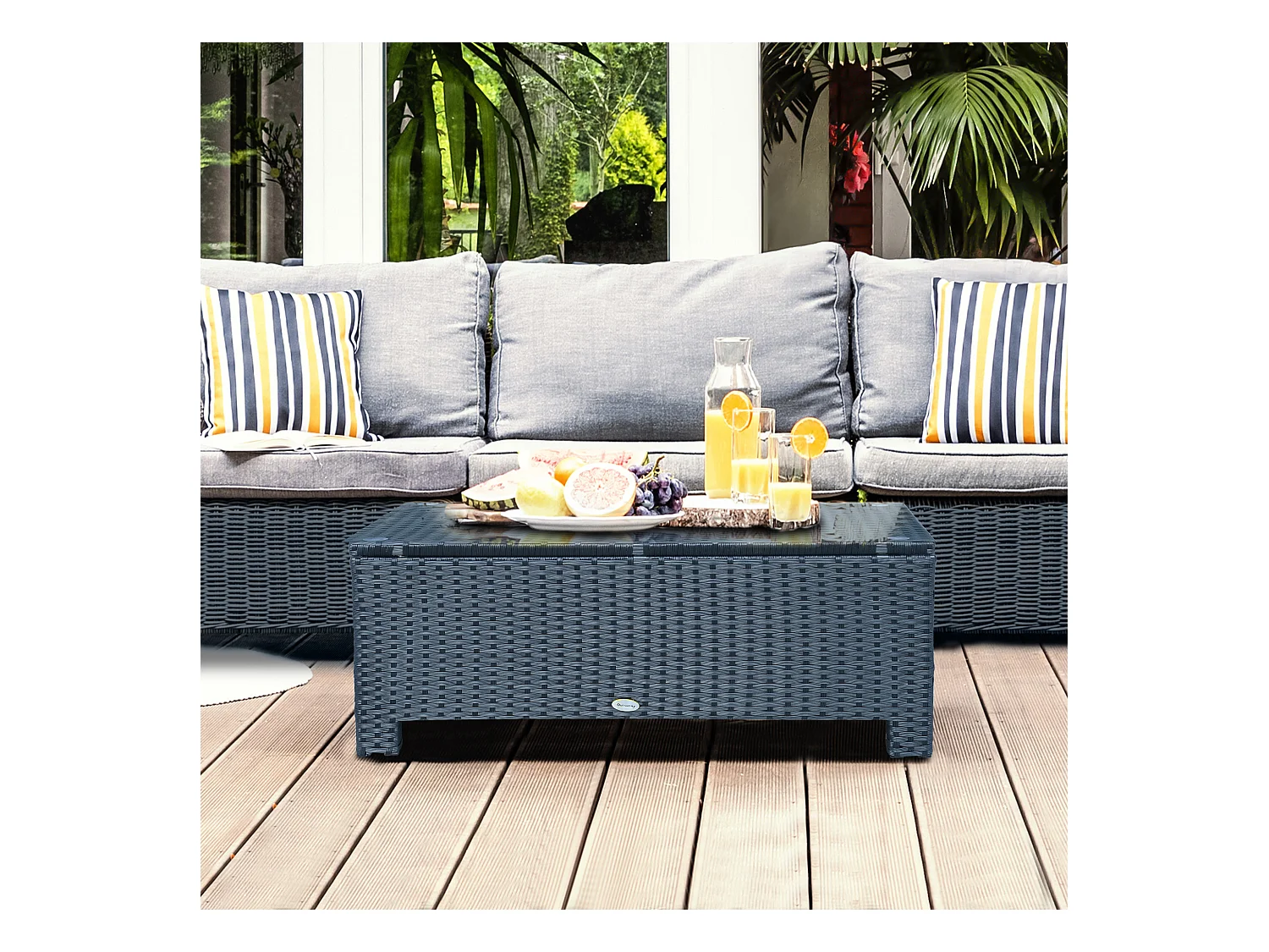 Table basse de jardin plateau verre trempé 5 mm rotin tressé 85 x 50 x 39cm Max. 50 kg noir