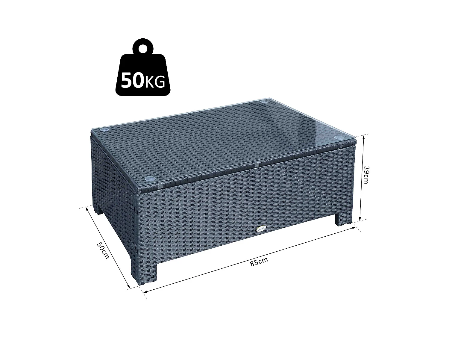 Table basse de jardin plateau verre trempé 5 mm rotin tressé 85 x 50 x 39cm Max. 50 kg noir