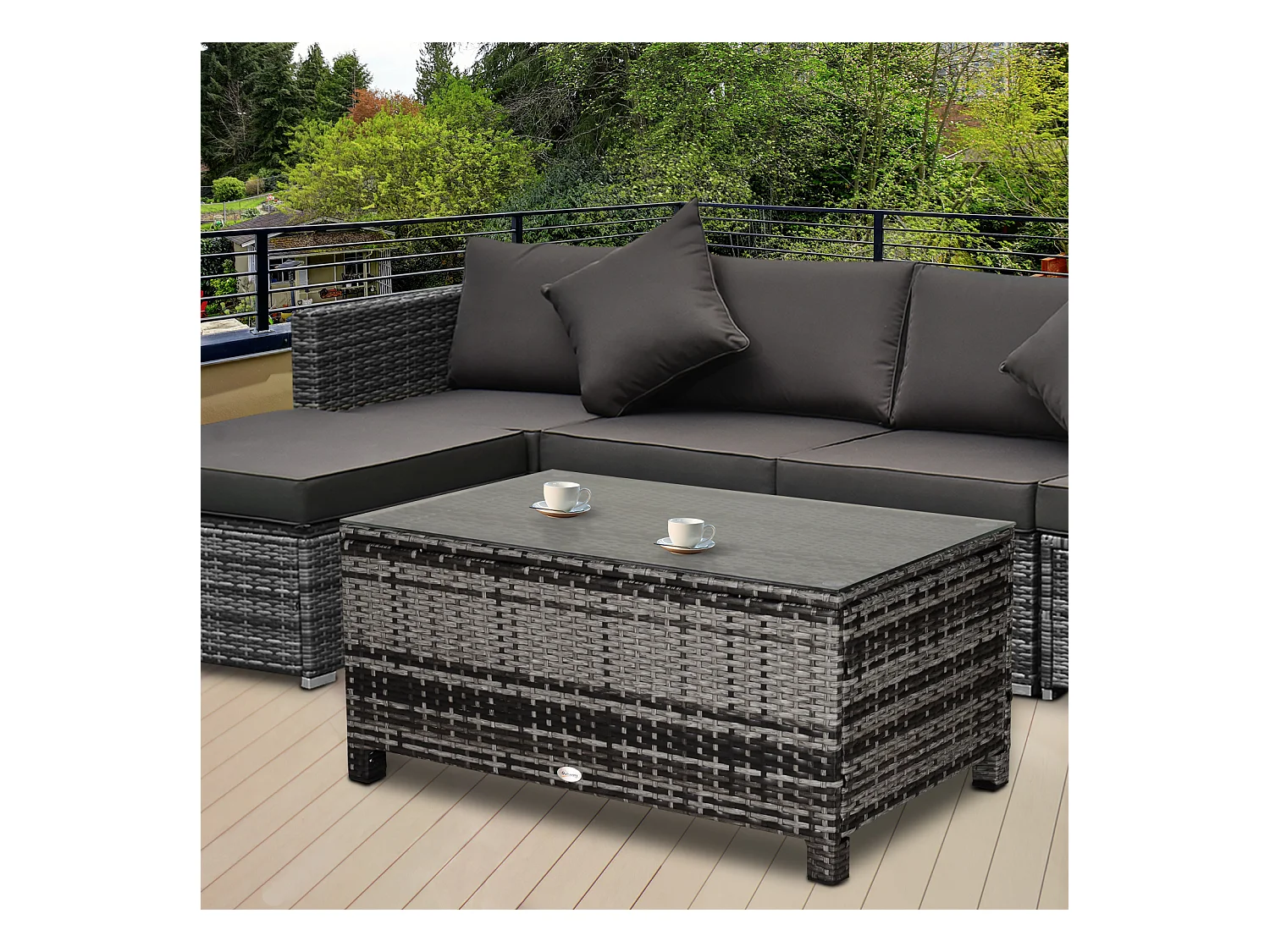 Table basse de jardin plateau verre trempé 5 mm rotin tressé 85 x 50 x 39 cm Max. 70 Kg gris