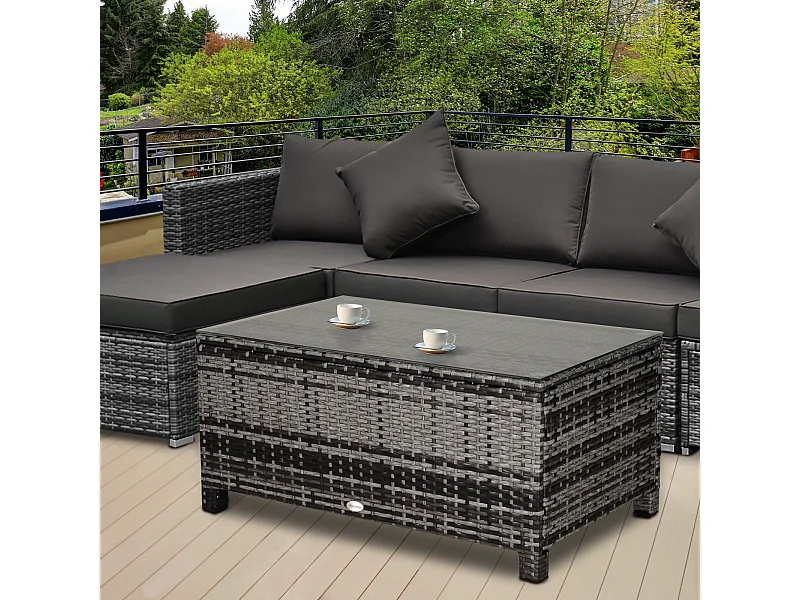 Table basse de jardin plateau verre trempé 5 mm rotin tressé 85 x 50 x 39 cm Max. 70 Kg gris