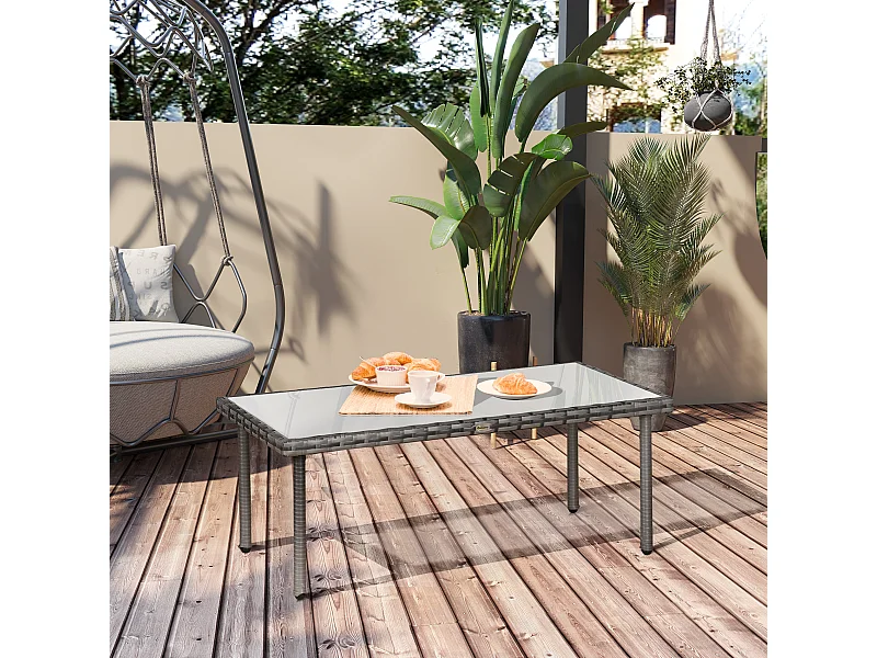 Table basse de jardin plateau verre trempé 5 mm résine tressée imitation rotin gris