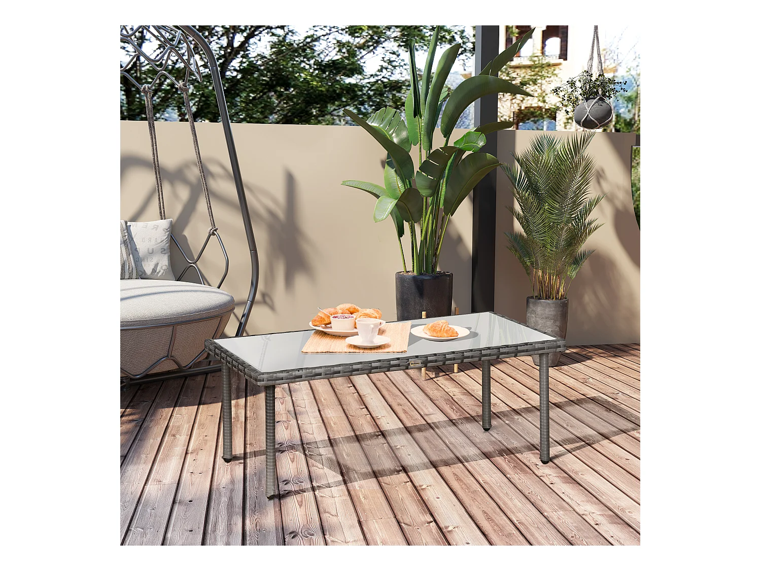 Table basse de jardin plateau verre trempé 5 mm résine tressée imitation rotin gris