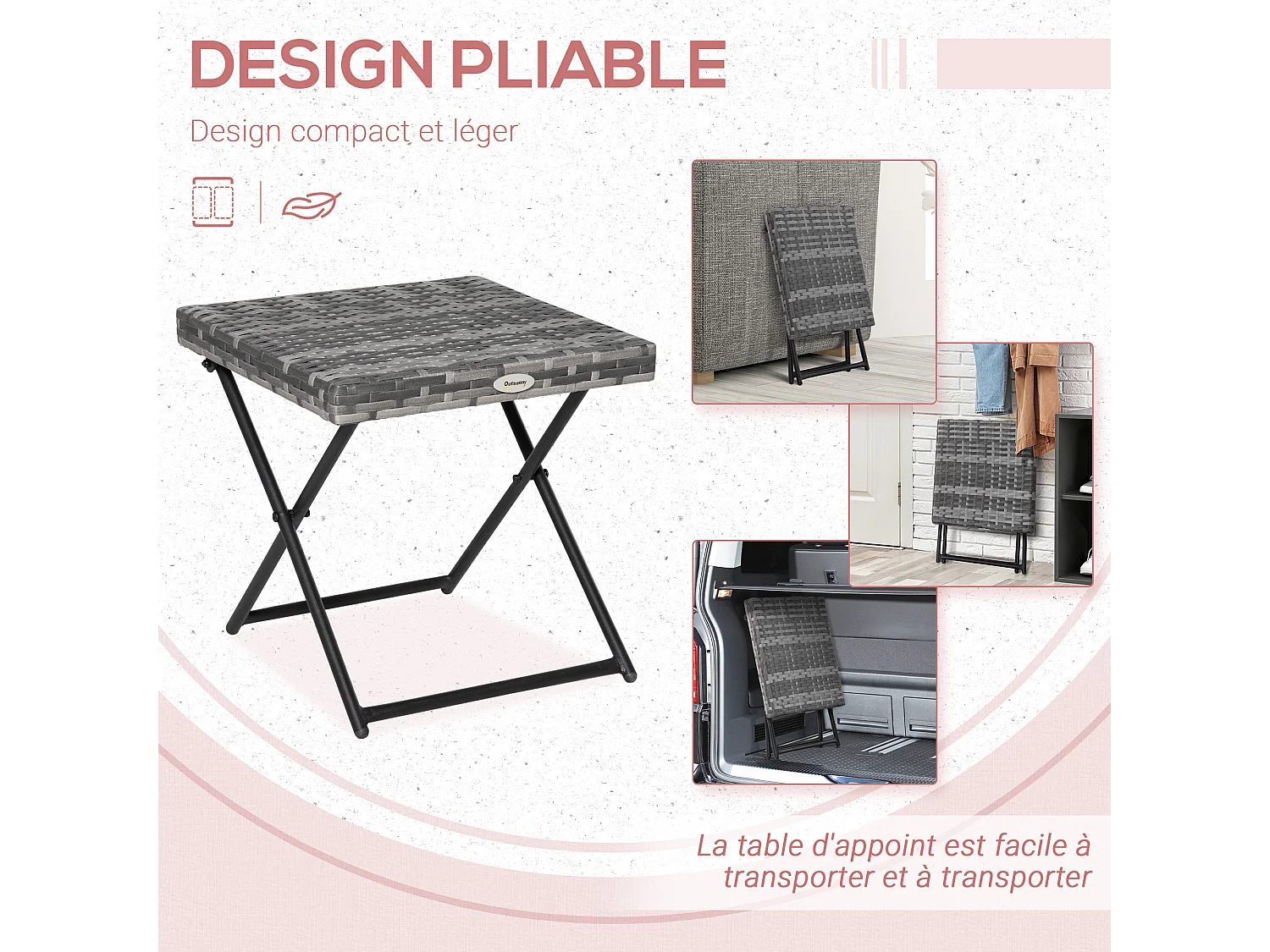 Table basse pliable de jardin style cosy chic dim. 40L x 40l x 40H cm métal époxy résine tressée imitation rotin gris