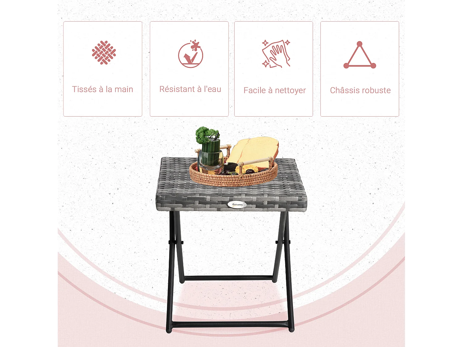 Table basse pliable de jardin style cosy chic dim. 40L x 40l x 40H cm métal époxy résine tressée imitation rotin gris