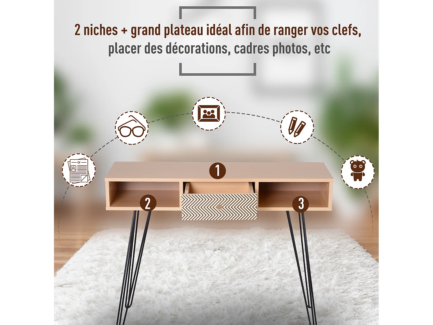 Table d'appoint console design scandinave graphique dim. 100L x 35l x 75H cm 2 niches tiroir pieds effilés acier noir panneaux particules chêne