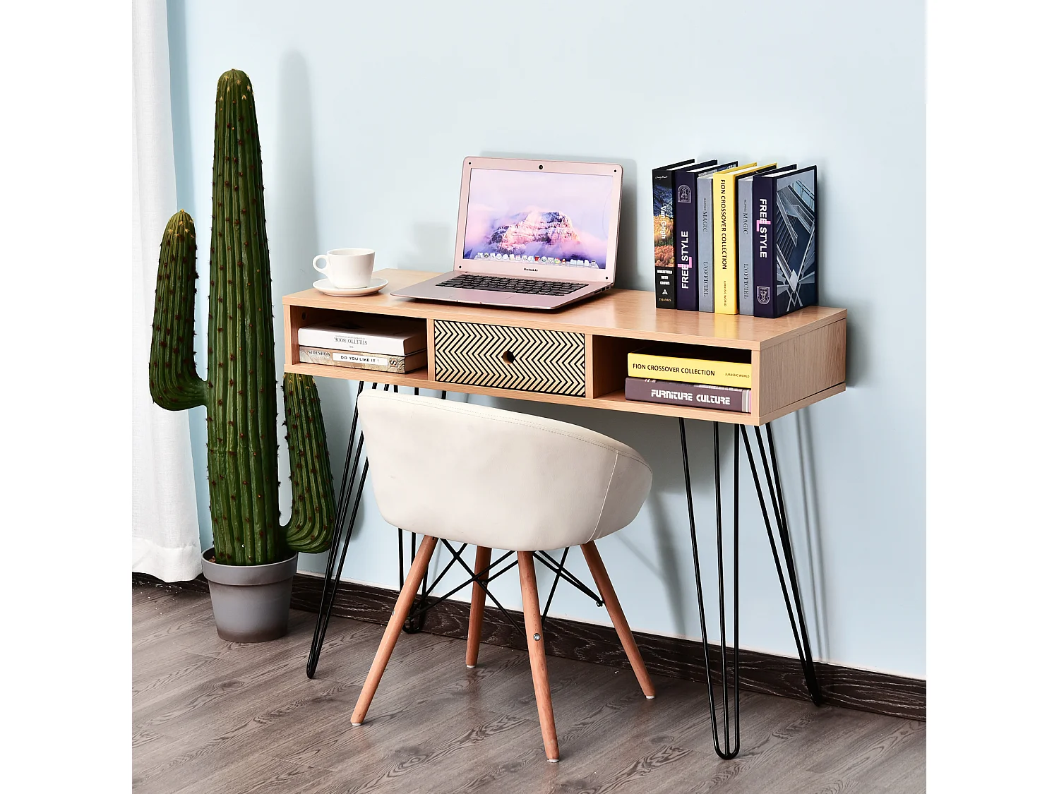 Table d'appoint console design scandinave graphique dim. 100L x 35l x 75H cm 2 niches tiroir pieds effilés acier noir panneaux particules chêne
