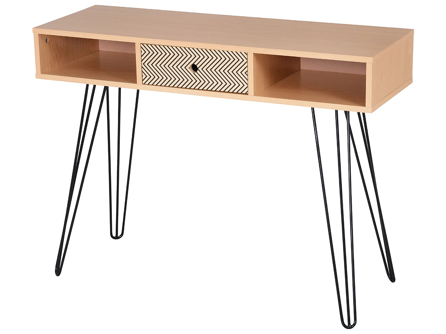 Table d'appoint console design scandinave graphique dim. 100L x 35l x 75H cm 2 niches tiroir pieds effilés acier noir panneaux particules chêne