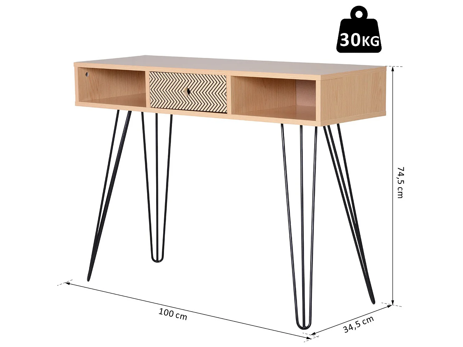 Table d'appoint console design scandinave graphique dim. 100L x 35l x 75H cm 2 niches tiroir pieds effilés acier noir panneaux particules chêne