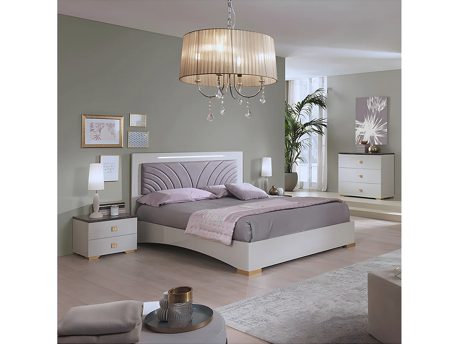 PANACA - Chambre 160x200cm Crème et Bronze + Leds