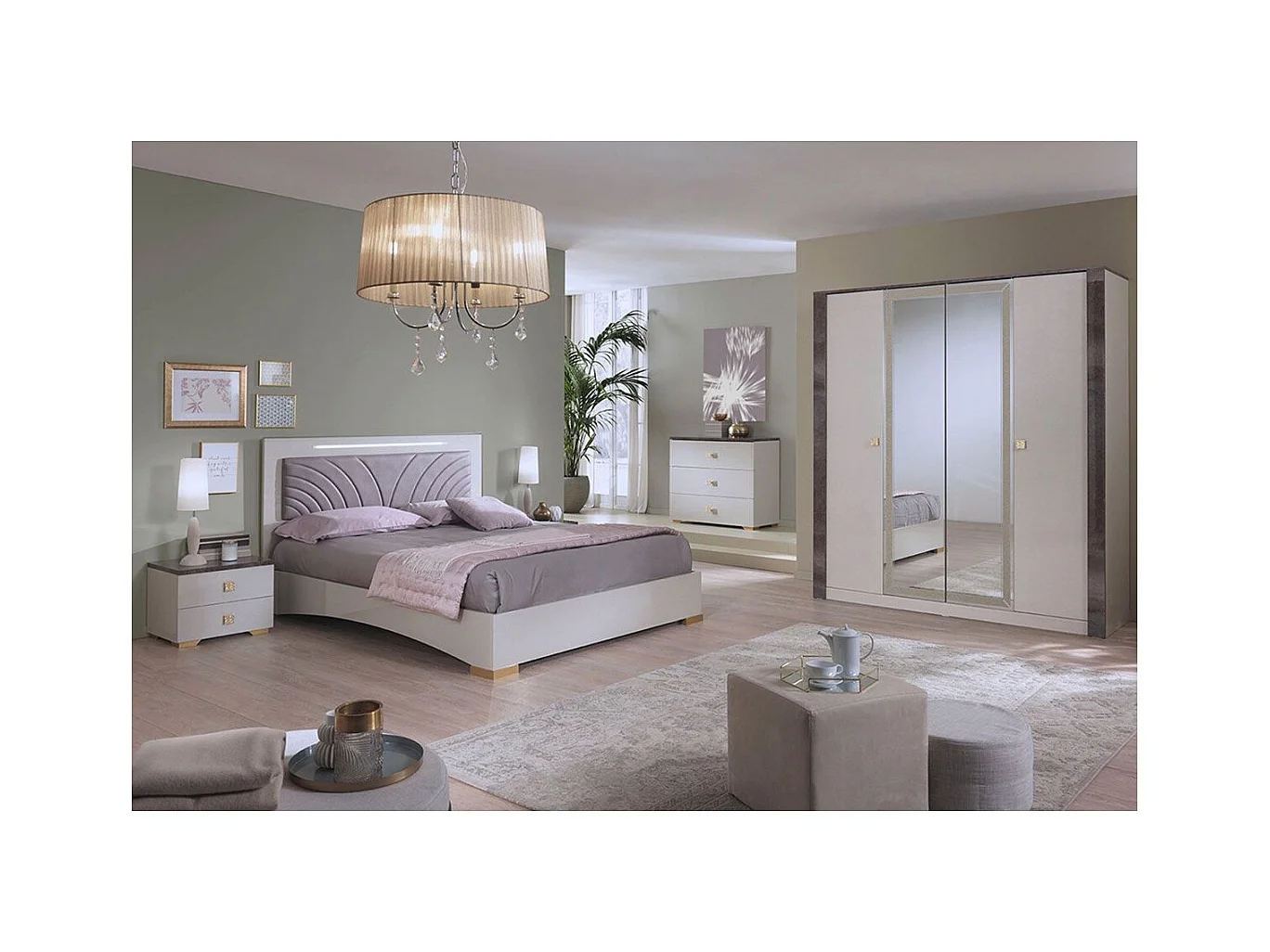 PANACA - Chambre Complète 160x200cm Crème et Bronze + Leds