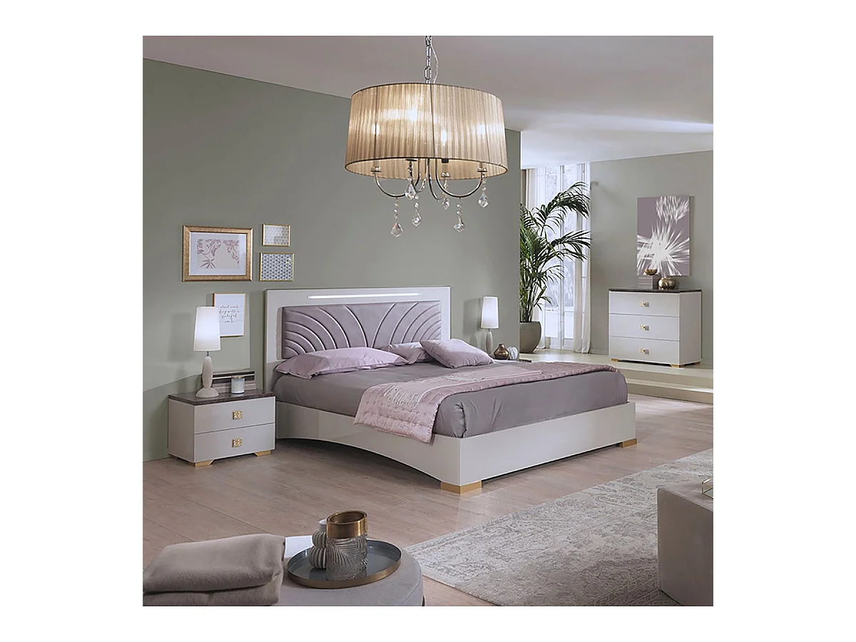 PANACA - Chambre Complète 160x200cm Crème et Bronze + Leds