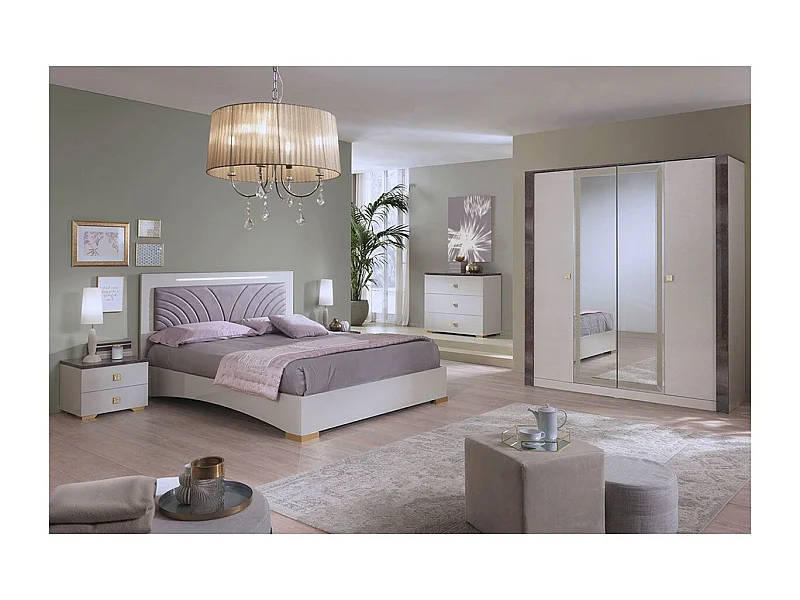 PANACA - Chambre Complète 140x190cm Crème et Bronze + Leds