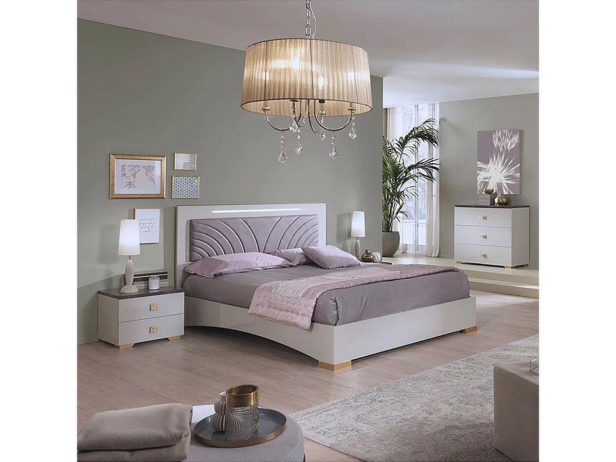 PANACA - Chambre Complète 140x190cm Crème et Bronze + Leds