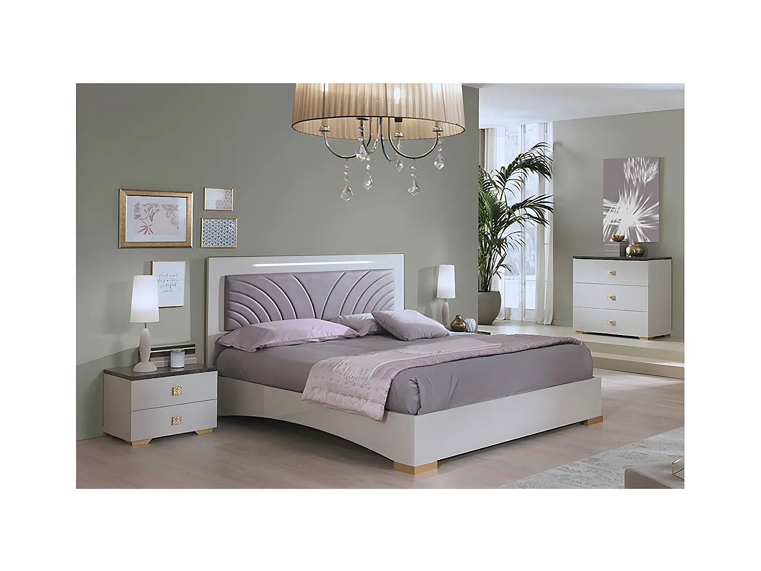 PANACA - Chambre 140x190cm Crème et Bronze + Leds