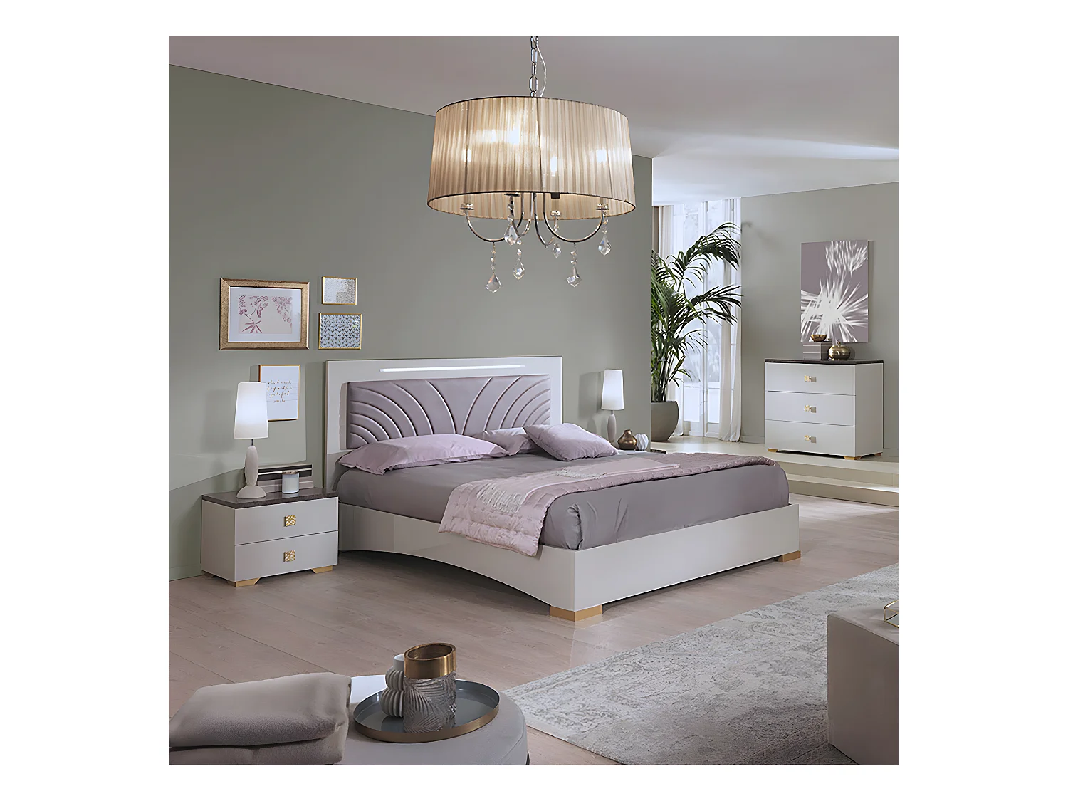 PANACA - Chambre 140x190cm Crème et Bronze + Leds