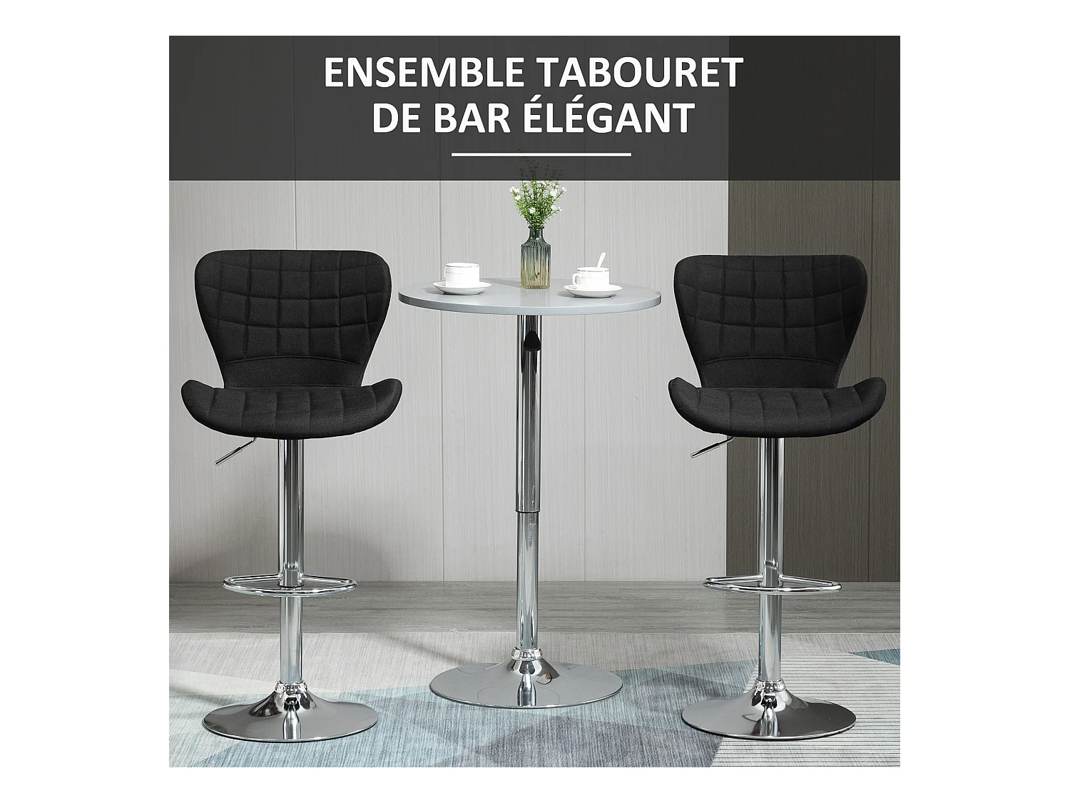 Lot de 2 tabourets de bar design contemporain hauteur d'assise réglable 59-81 cm pivotant 360° lin noir