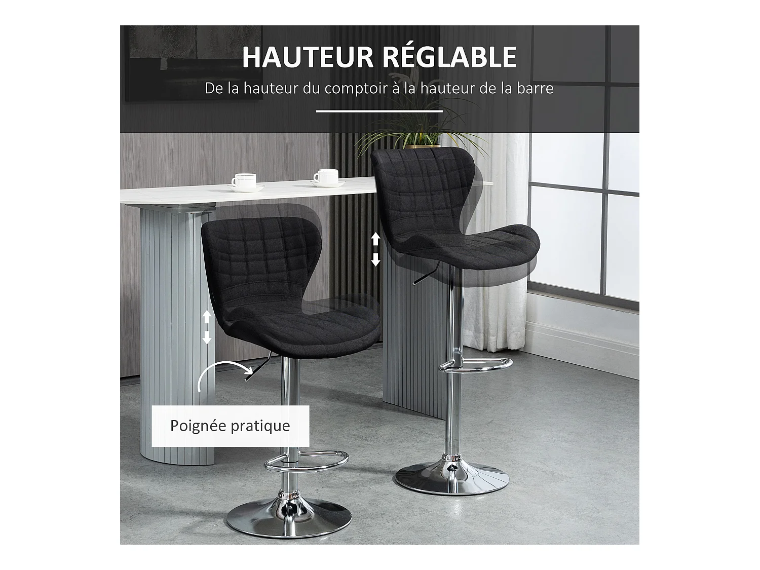 Lot de 2 tabourets de bar design contemporain hauteur d'assise réglable 59-81 cm pivotant 360° lin noir