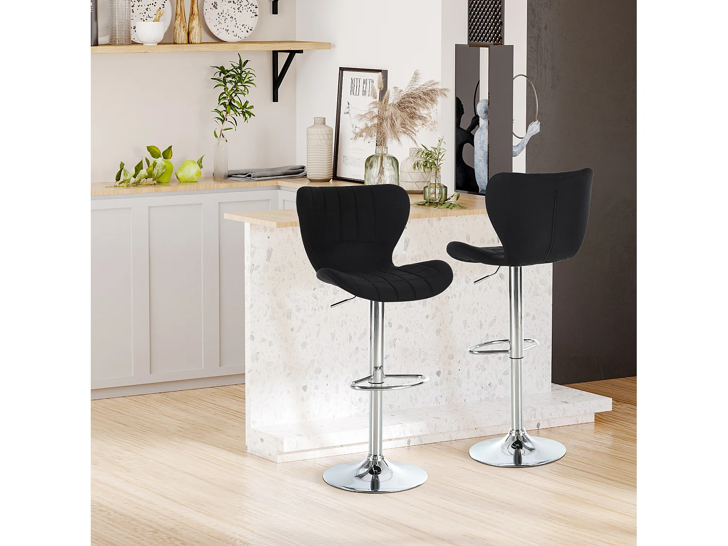 Lot de 2 tabourets de bar design contemporain hauteur d'assise réglable 59-81 cm pivotant 360° lin noir