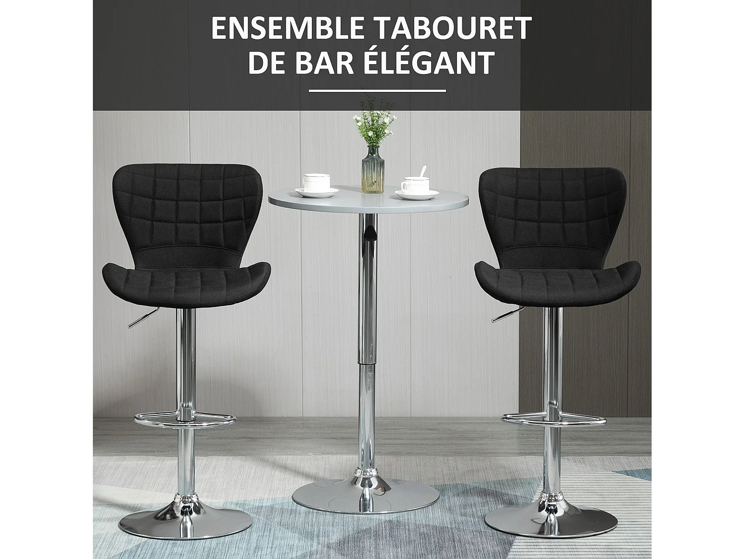Lot de 2 tabourets de bar design contemporain hauteur d'assise réglable 59-81 cm pivotant 360° lin noir
