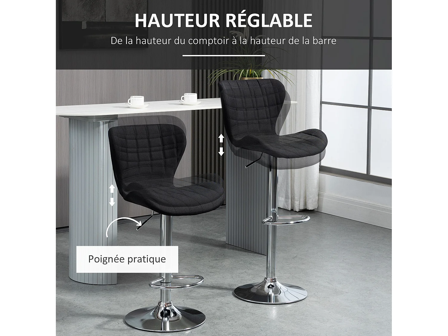 Lot de 2 tabourets de bar design contemporain hauteur d'assise réglable 59-81 cm pivotant 360° lin noir