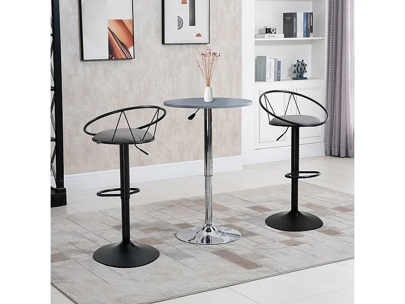 Lot de 2 tabourets de bar design néo-rétro réglable pivotant avec repose-pied métal noir lin gris