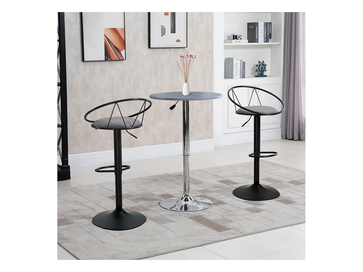 Lot de 2 tabourets de bar design néo-rétro réglable pivotant avec repose-pied métal noir lin gris