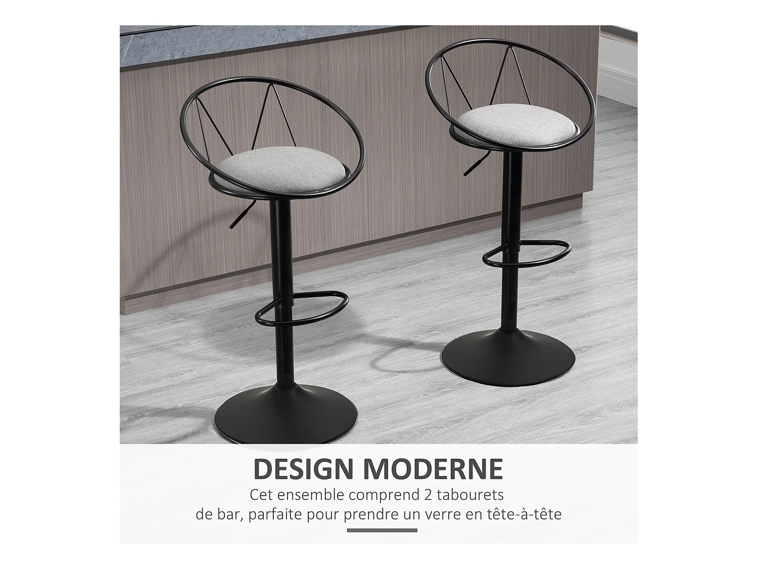 Lot de 2 tabourets de bar design néo-rétro réglable pivotant avec repose-pied métal noir lin gris