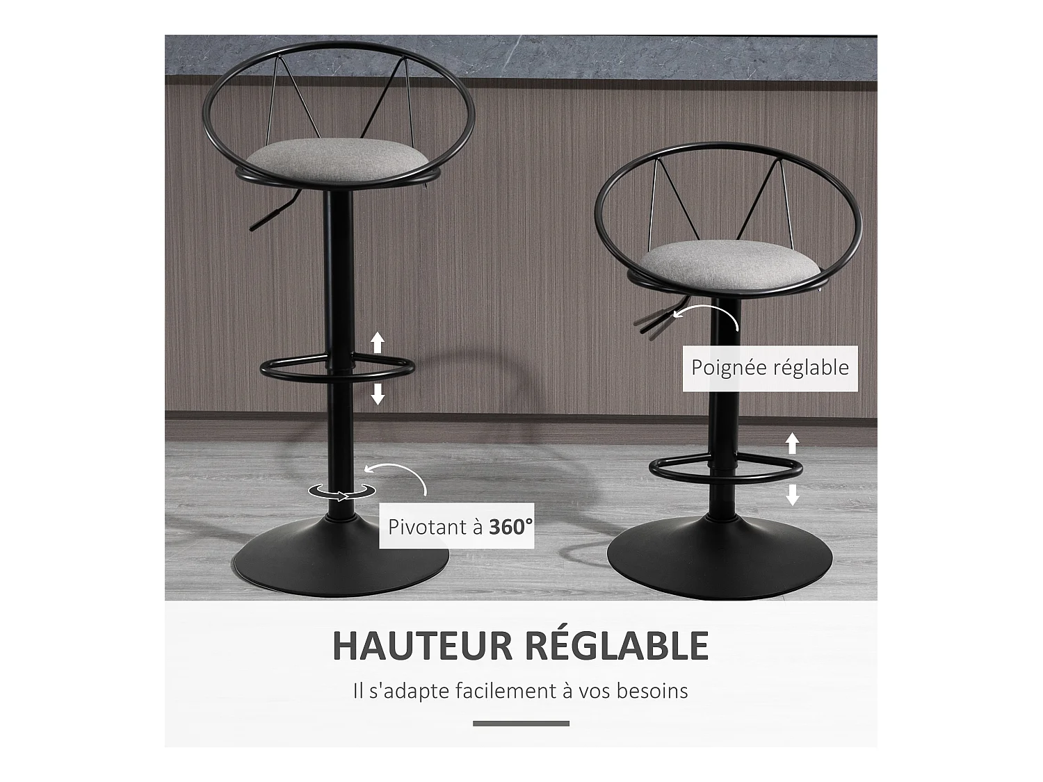 Lot de 2 tabourets de bar design néo-rétro réglable pivotant avec repose-pied métal noir lin gris