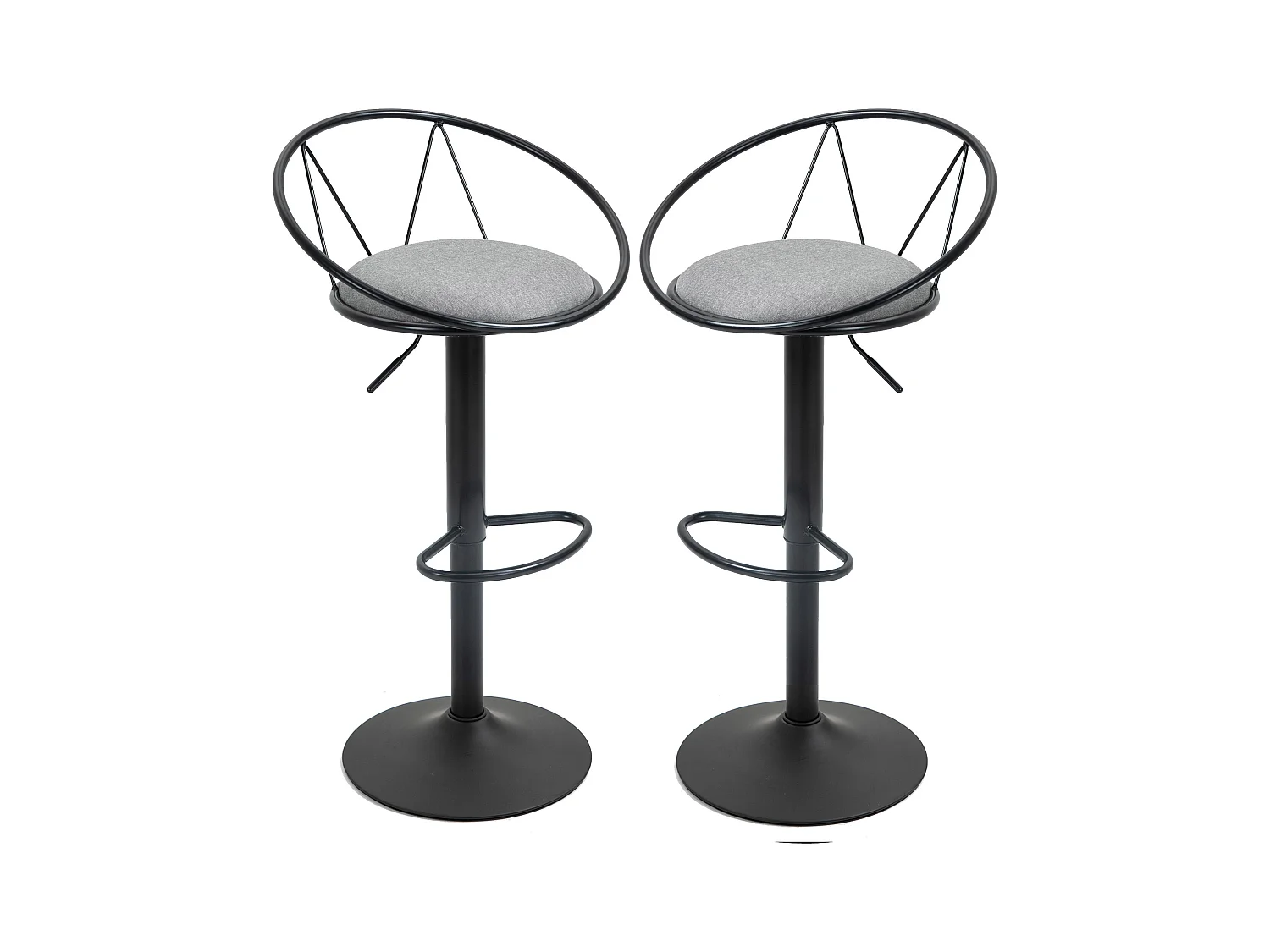 Lot de 2 tabourets de bar design néo-rétro réglable pivotant avec repose-pied métal noir lin gris