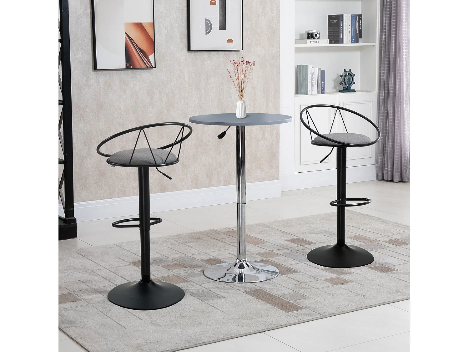 Lot de 2 tabourets de bar design néo-rétro réglable pivotant avec repose-pied métal noir lin gris