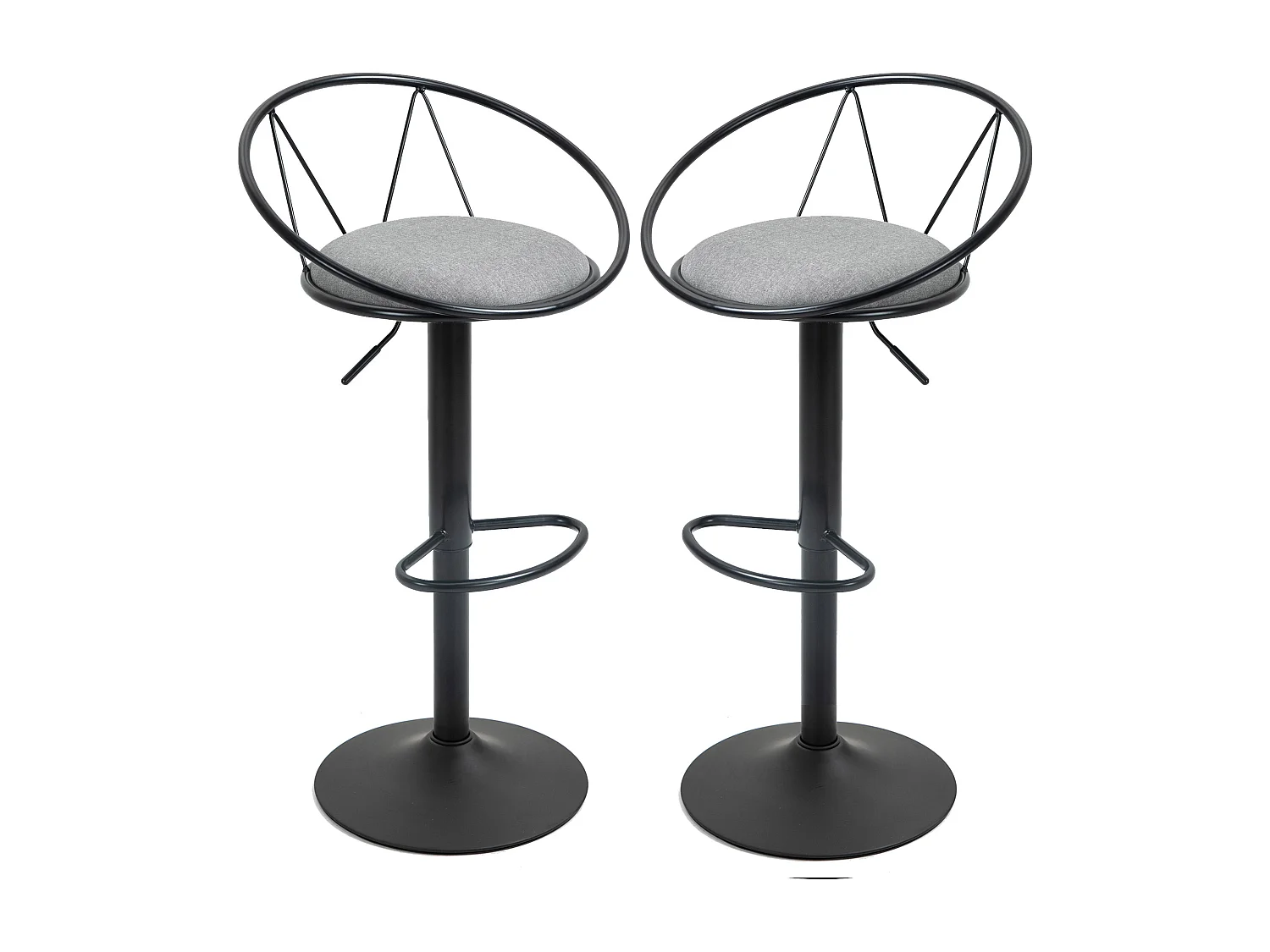 Lot de 2 tabourets de bar design néo-rétro réglable pivotant avec repose-pied métal noir lin gris