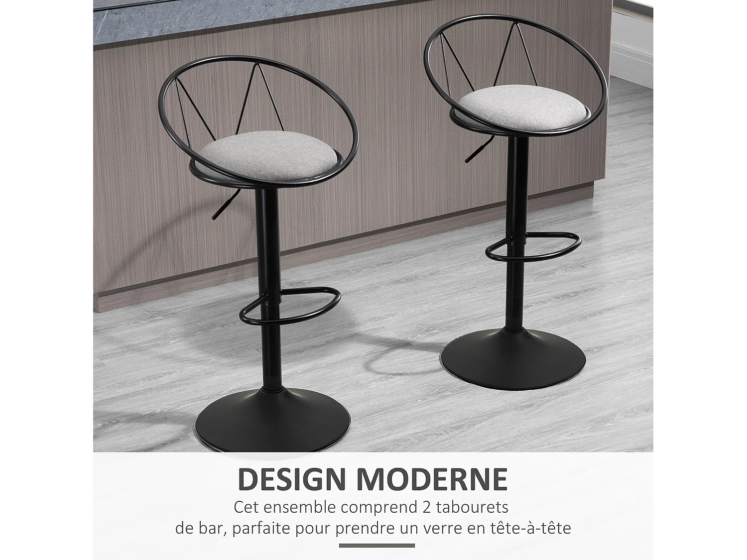Lot de 2 tabourets de bar design néo-rétro réglable pivotant avec repose-pied métal noir lin gris