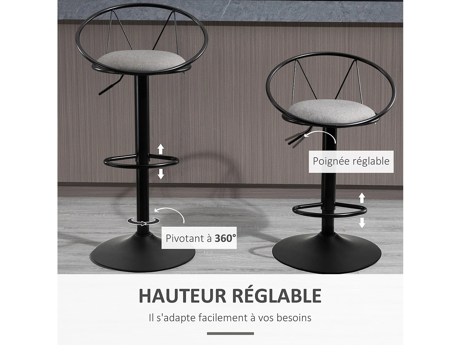 Lot de 2 tabourets de bar design néo-rétro réglable pivotant avec repose-pied métal noir lin gris