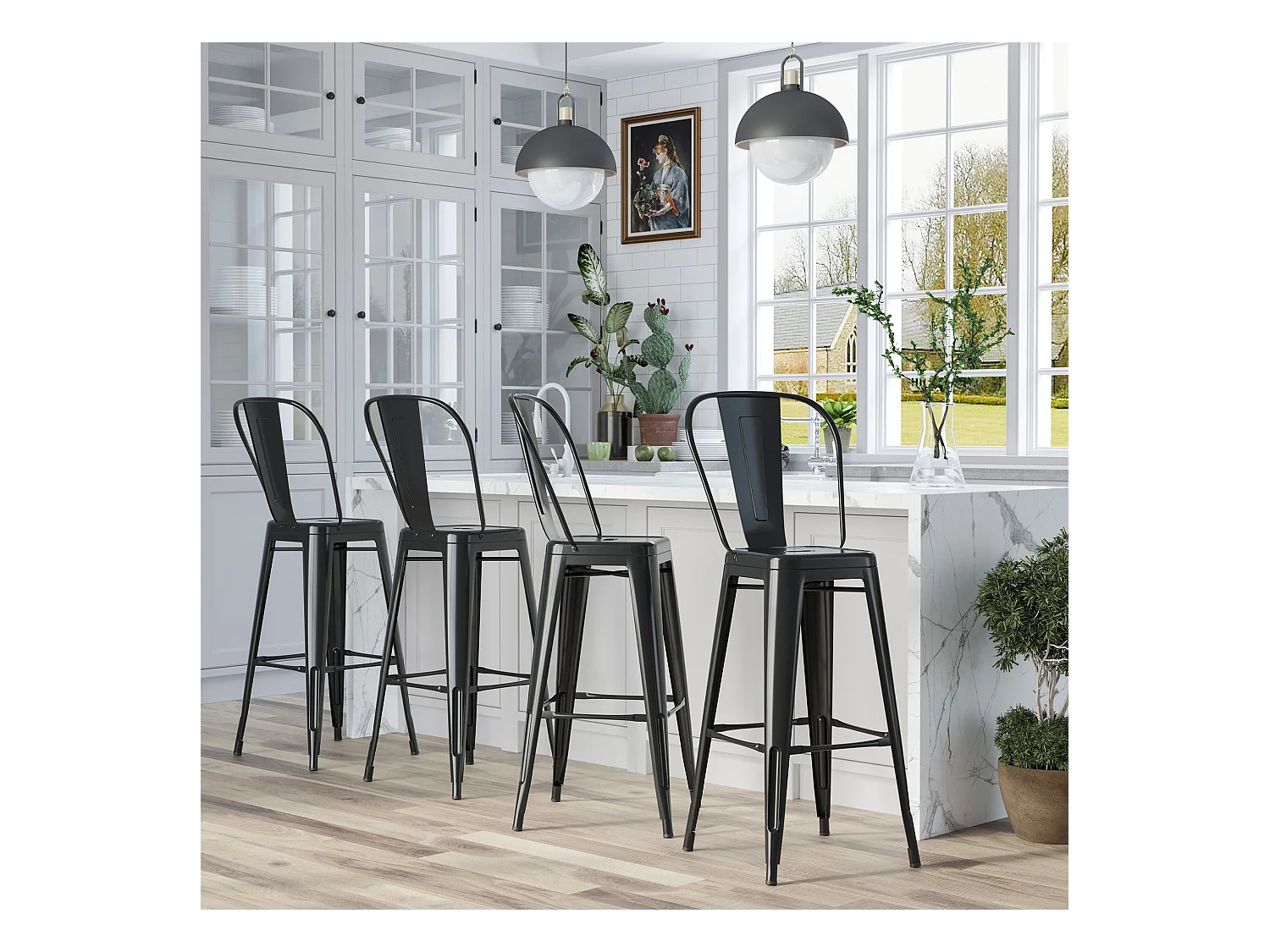 Lot de 4 tabourets de bar industriel avec dossier hauteur assise 76,5 cm métal noir