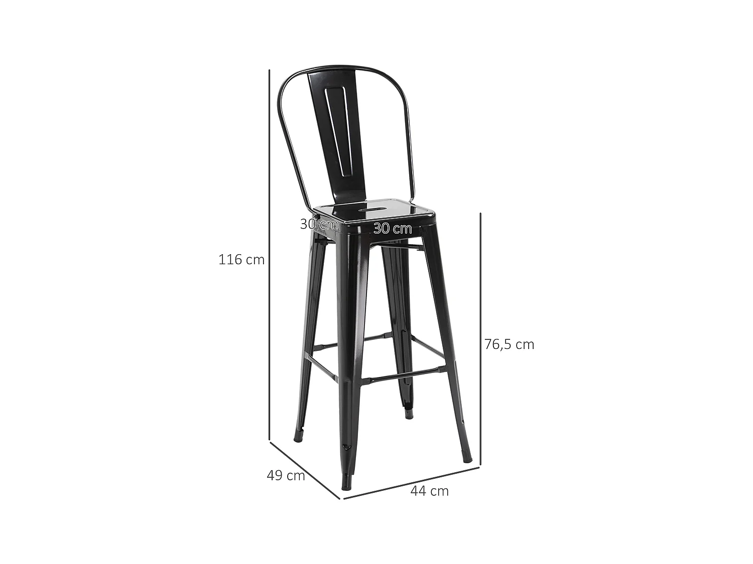 Lot de 4 tabourets de bar industriel avec dossier hauteur assise 76,5 cm métal noir