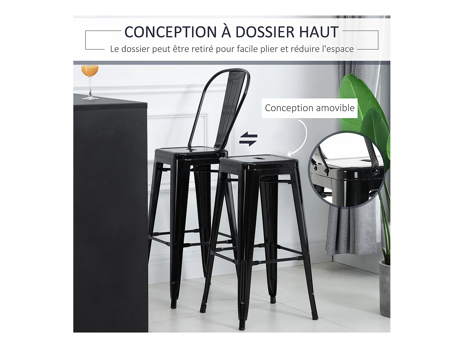 Lot de 4 tabourets de bar industriel avec dossier hauteur assise 76,5 cm métal noir