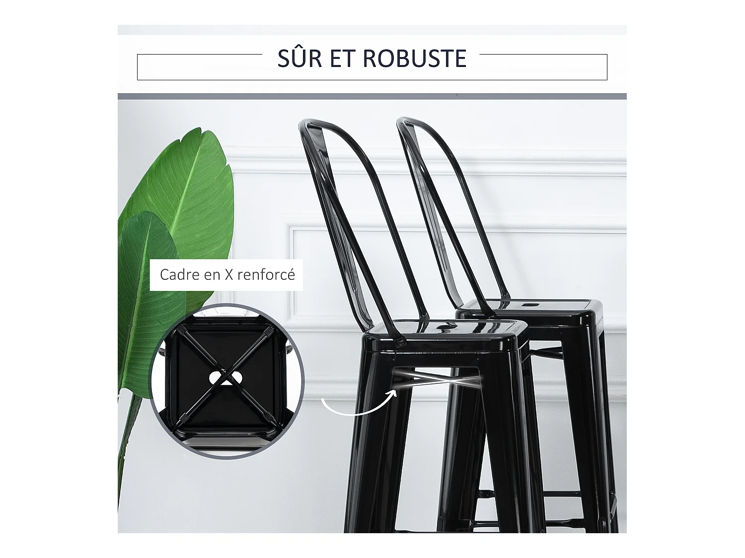Lot de 4 tabourets de bar industriel avec dossier hauteur assise 76,5 cm métal noir