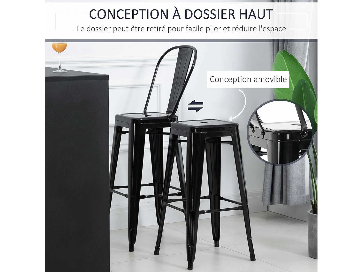 Lot de 4 tabourets de bar industriel avec dossier hauteur assise 76,5 cm métal noir
