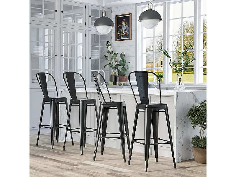 Lot de 4 tabourets de bar industriel avec dossier hauteur assise 76,5 cm métal noir
