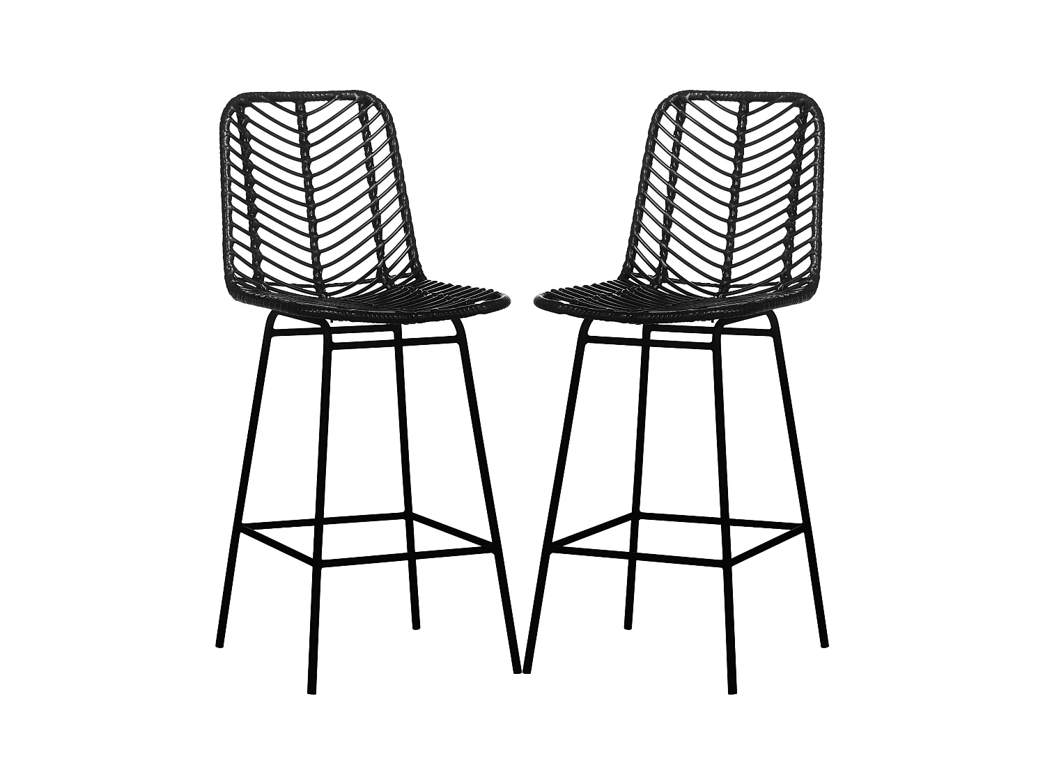 Lot de 2 tabourets de bar style colonial piètement acier résine tressée aspect rotin noir